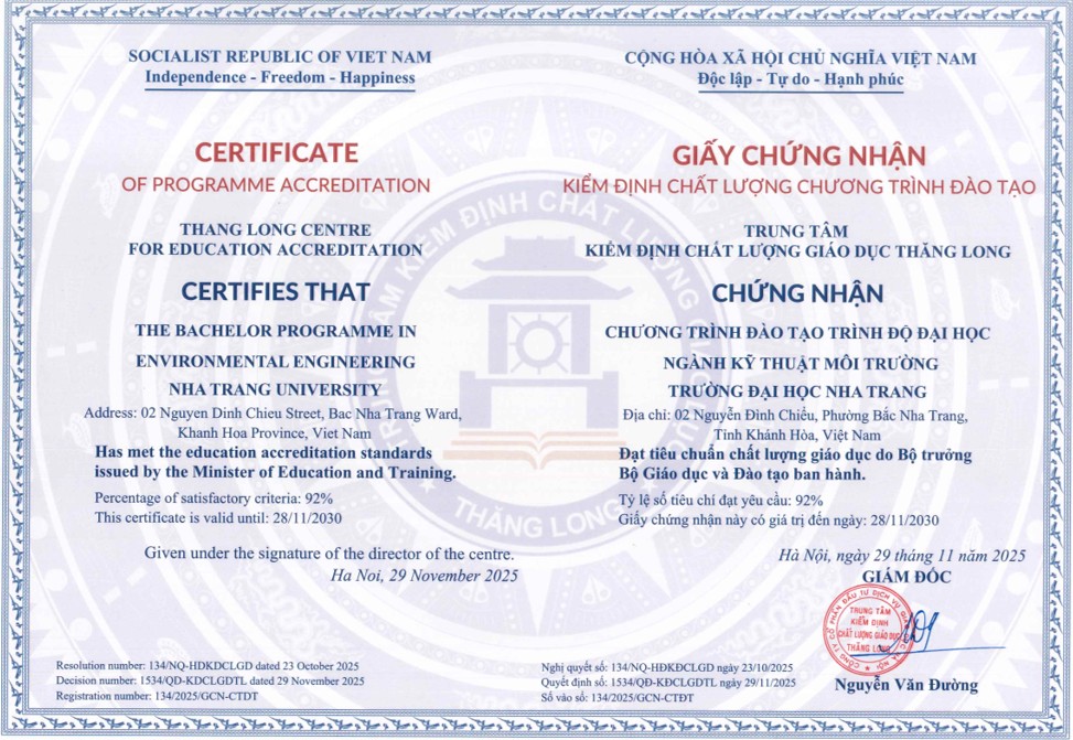 NGÀNH KỸ THUẬT MÔI TRƯỜNG – VIỆN CNSH & MT, TRƯỜNG ĐẠI HỌC NHA TRANG CHÍNH THỨC ĐẠT CHỨNG NHẬN KIỂM ĐỊNH CHẤT LƯỢNG CHƯƠNG TRÌNH ĐÀO TẠO!