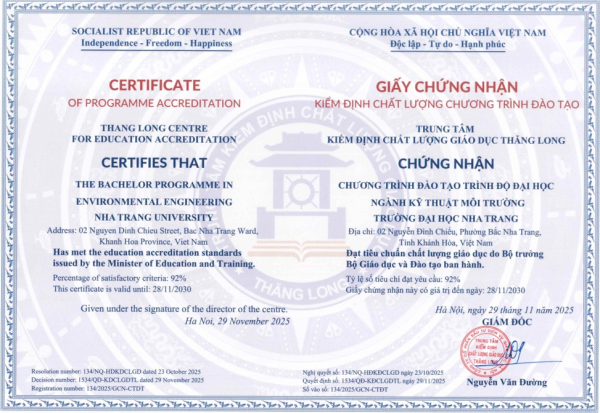NGÀNH KỸ THUẬT MÔI TRƯỜNG – VIỆN CNSH & MT, TRƯỜNG ĐẠI HỌC NHA TRANG CHÍNH THỨC ĐẠT CHỨNG NHẬN KIỂM ĐỊNH CHẤT LƯỢNG CHƯƠNG TRÌNH ĐÀO TẠO!